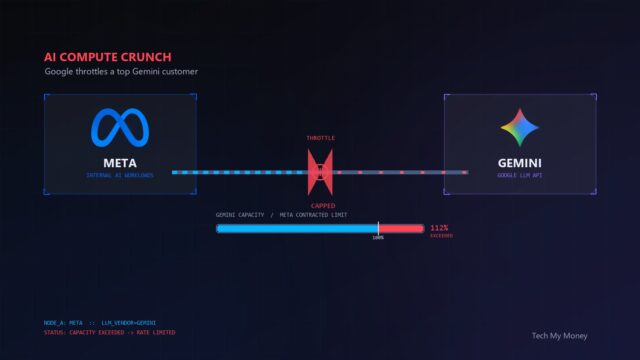 Diagnostic HUD hero: Meta and Gemini nodes linked by a throttled data pipe with a red CAPPED gate, capacity meter reading 112% exceeded