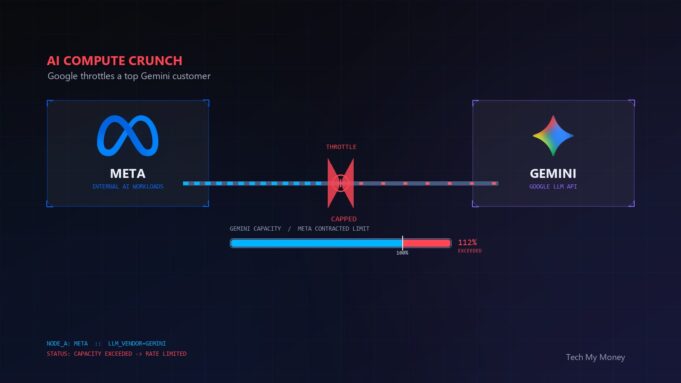 Google reportedly capped Meta’s use of Gemini AI for coding chatbots Diagnostic HUD hero: Meta and Gemini nodes linked by a throttled data pipe with a red CAPPED gate, capacity meter reading 112% exceeded