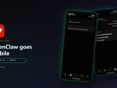 Two phones running the OpenClaw app: a Connected chat with the assistant and the device-tools screen sharing camera, screen and location with the gateway