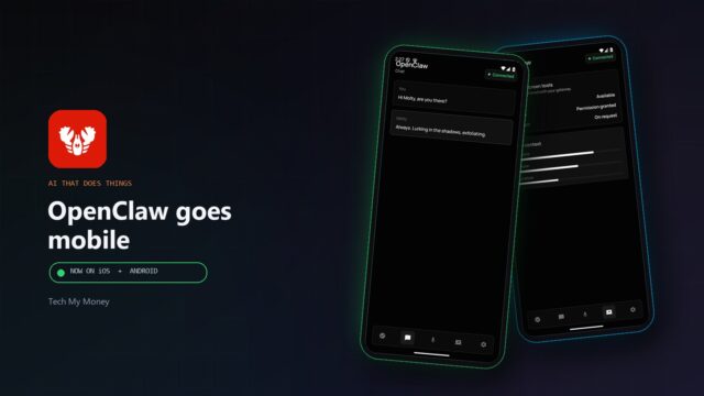 Two phones running the OpenClaw app: a Connected chat with the assistant and the device-tools screen sharing camera, screen and location with the gateway