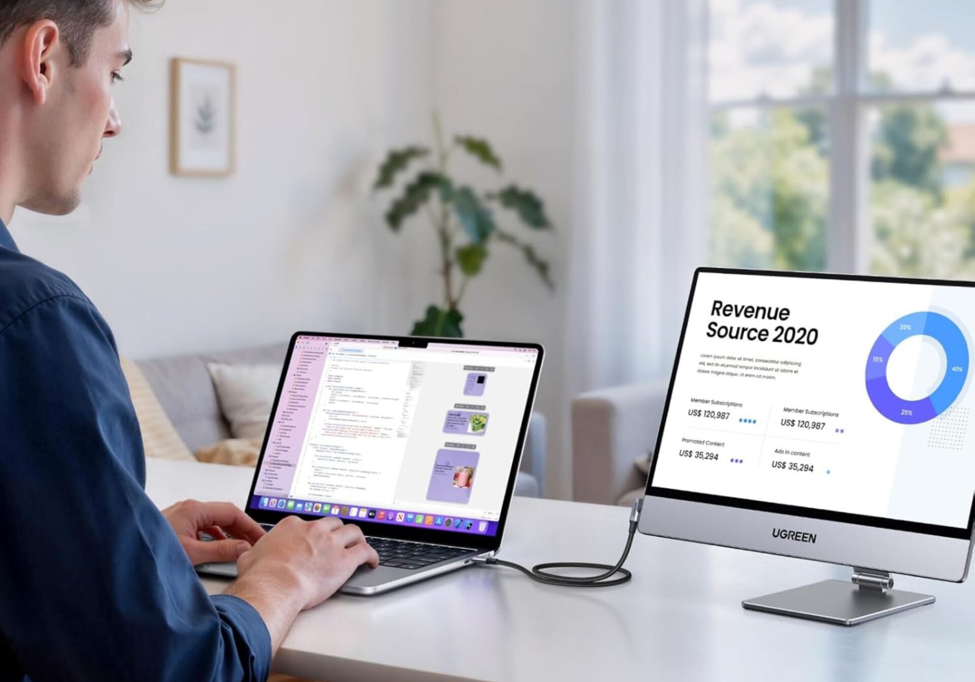 UGREEN AP16 portable monitor connected beside a laptop