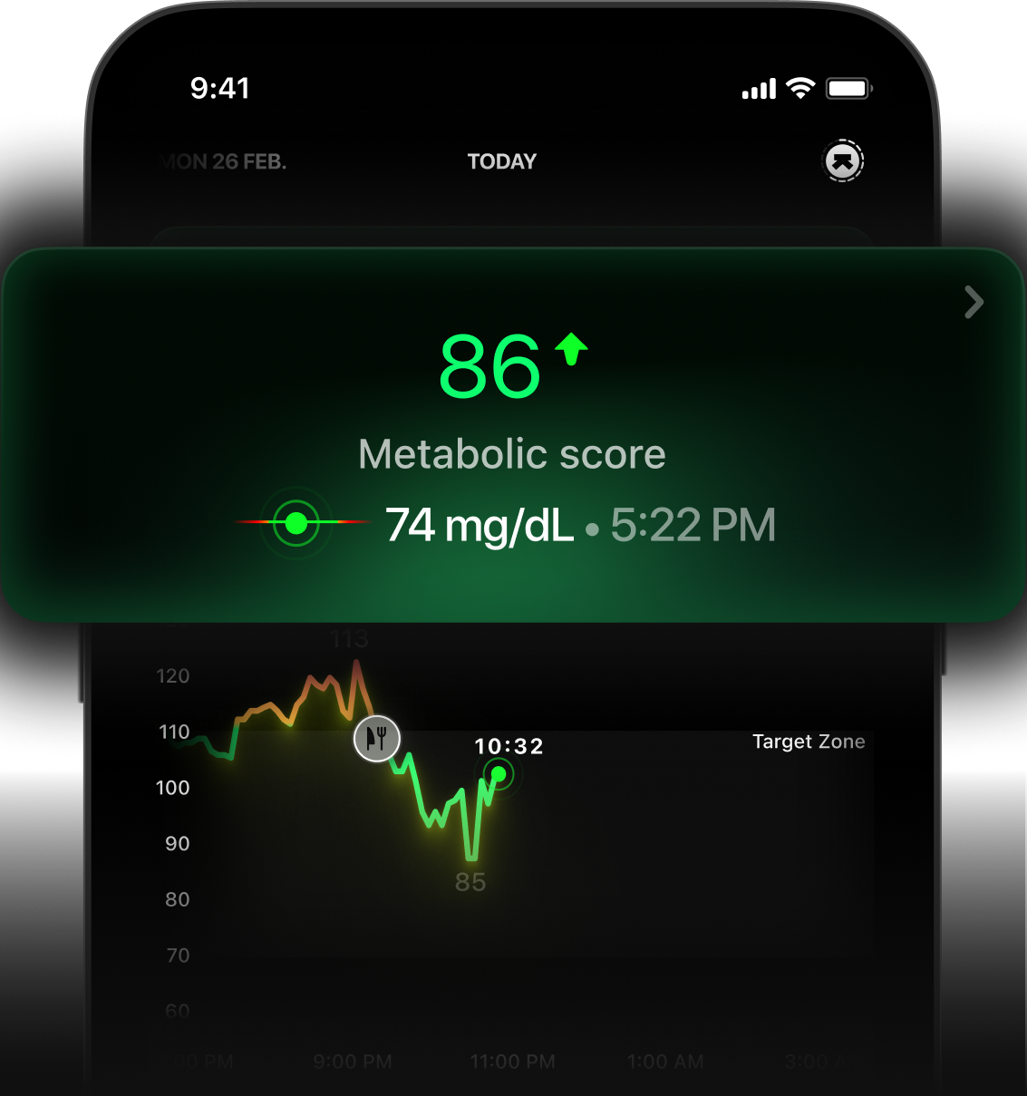 Ultrahuman app showing a live glucose reading and metabolic score