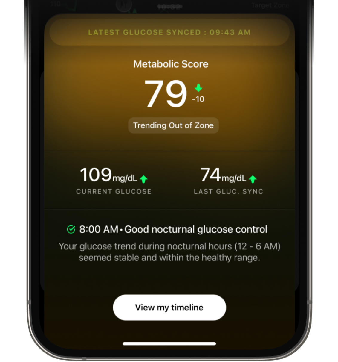 Ultrahuman app showing a metabolic score and an AI insight on glucose control