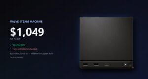 The Valve Steam Machine, a black SteamOS cube with front ports, on a Tech My Money graphic showing its 1049-dollar starting price.
