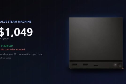 The Valve Steam Machine, a black SteamOS cube with front ports, on a Tech My Money graphic showing its 1049-dollar starting price.