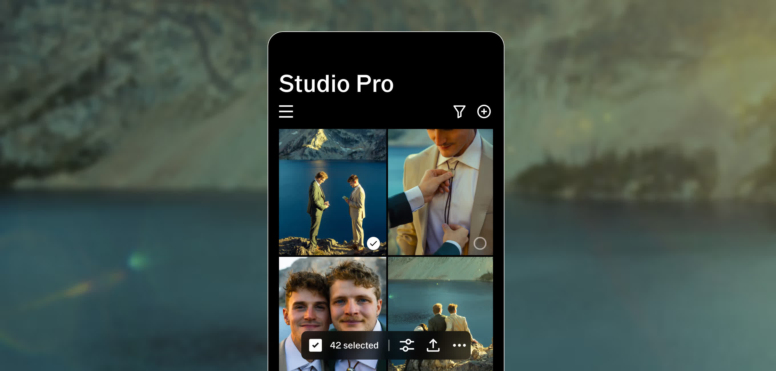The VSCO Studio Pro app showing 42 photos selected for batch editing