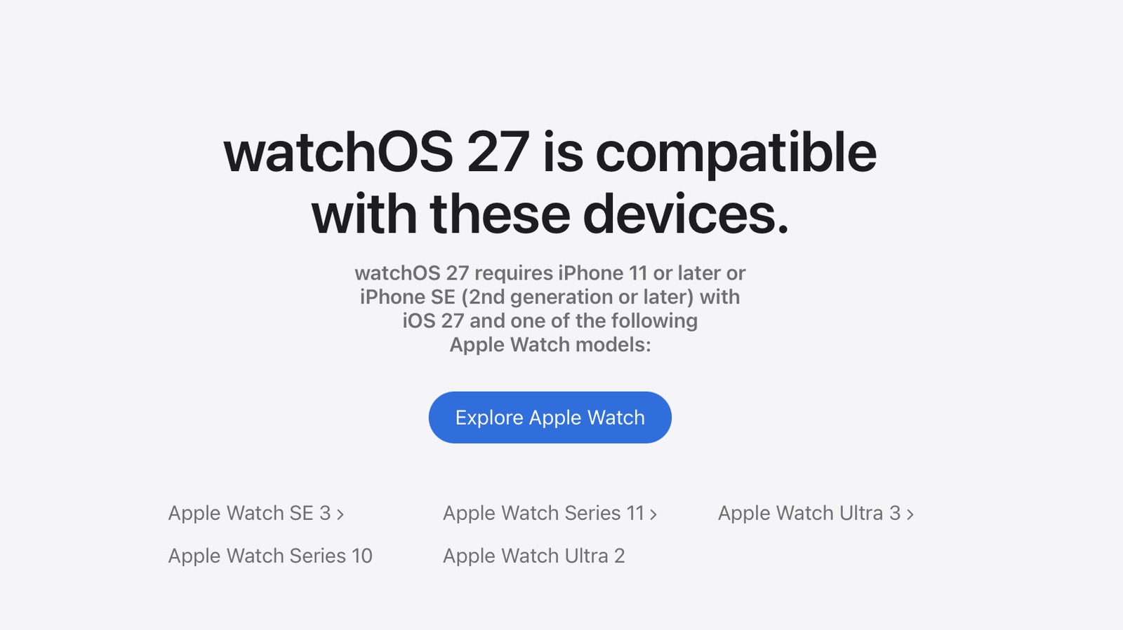 Apple's original watchOS 27 compatibility list, which omitted the Apple Watch Series 9