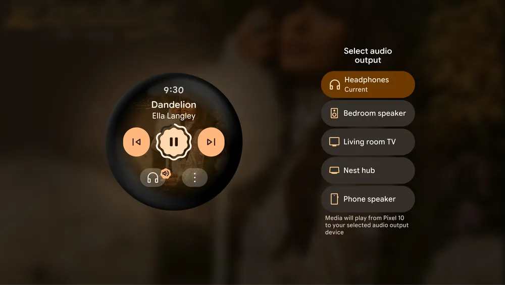 Wear OS 7 Pixel Watch update showing the remote output switcher