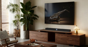 WiiM Bar Dolby Atmos soundbar shown below a TV in a living room