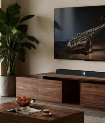 WiiM Bar Dolby Atmos soundbar shown below a TV in a living room