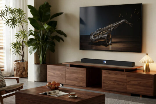 WiiM Bar Dolby Atmos soundbar shown below a TV in a living room