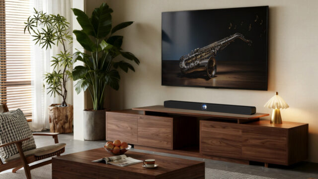 WiiM Bar Dolby Atmos soundbar shown below a TV in a living room