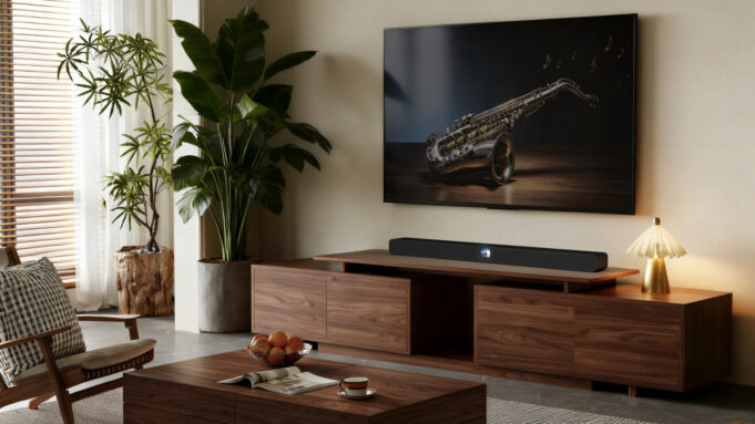 WiiM Bar Adds A Touchscreen To The Atmos Soundbar WiiM Bar Dolby Atmos soundbar shown below a TV in a living room