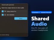 Windows 11 Shared Audio Streams to Two Headphones at Once Windows 11 Shared audio feature graphic showing the Quick Settings panel with two headphones selected