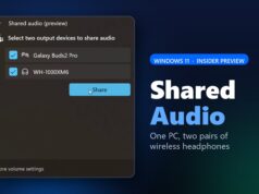 Windows 11 Shared Audio Streams to Two Headphones at Once Windows 11 Shared audio feature graphic showing the Quick Settings panel with two headphones selected