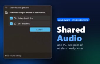Windows 11 Shared Audio Streams to Two Headphones at Once Windows 11 Shared audio feature graphic showing the Quick Settings panel with two headphones selected