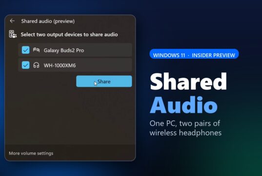 Windows 11 Shared audio feature graphic showing the Quick Settings panel with two headphones selected