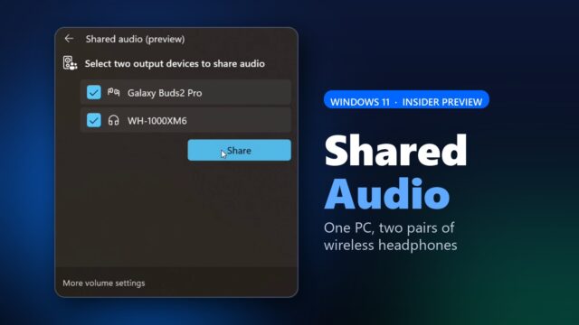 windows-11-shared-audio-feature.jpg Windows 11 Shared audio feature graphic showing the Quick Settings panel with two headphones selected
