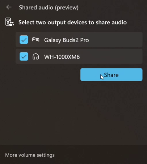 Windows 11 Shared audio Quick Settings panel with Galaxy Buds2 Pro and WH-1000XM6 selected and a Share button