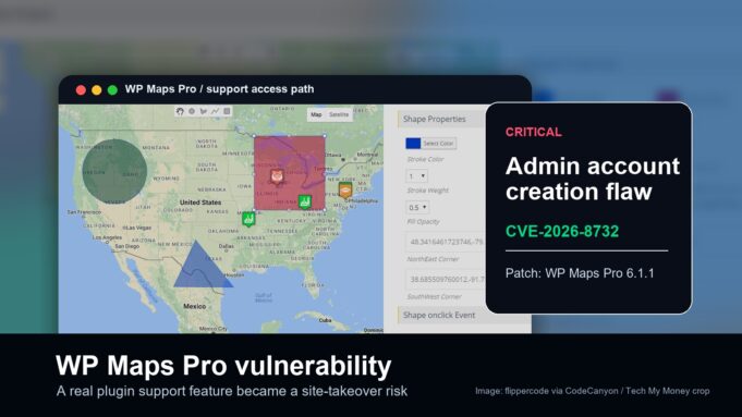 WP Maps Pro vulnerability CVE-2026-8732 shown with CodeCanyon plugin screenshot