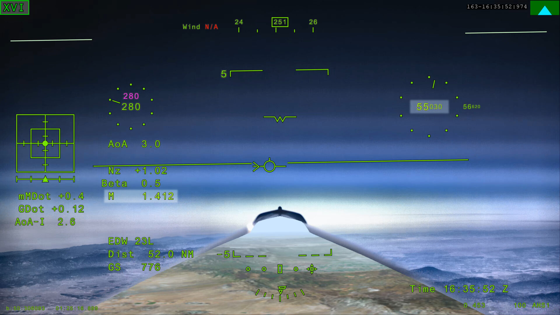 NASA X-59 eXternal Vision System screen showing Mach 1.4 at 55,030 feet during the mission conditions flight.