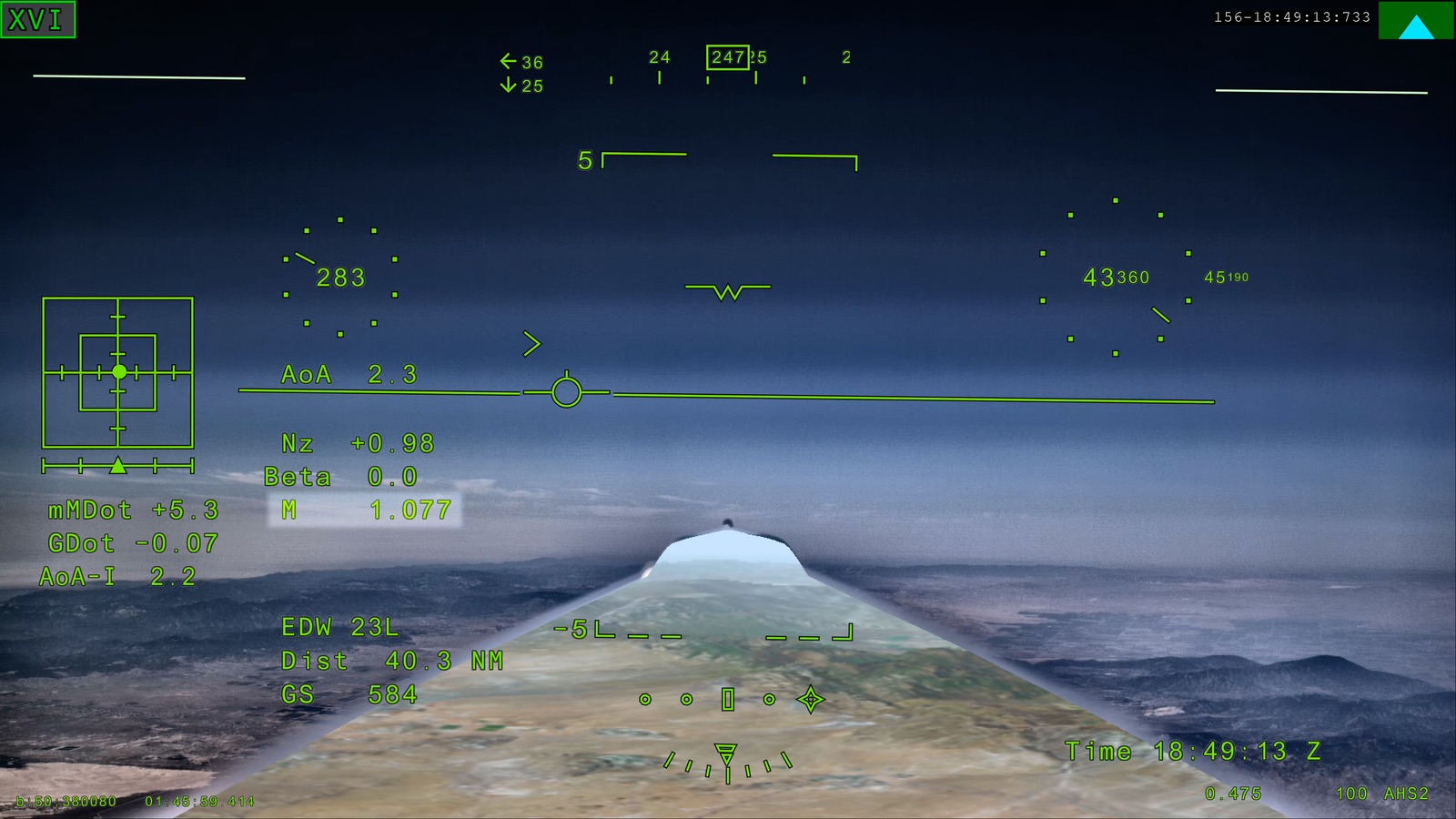 NASA X-59 eXternal Vision System showing Mach 1.077 during its first supersonic flight