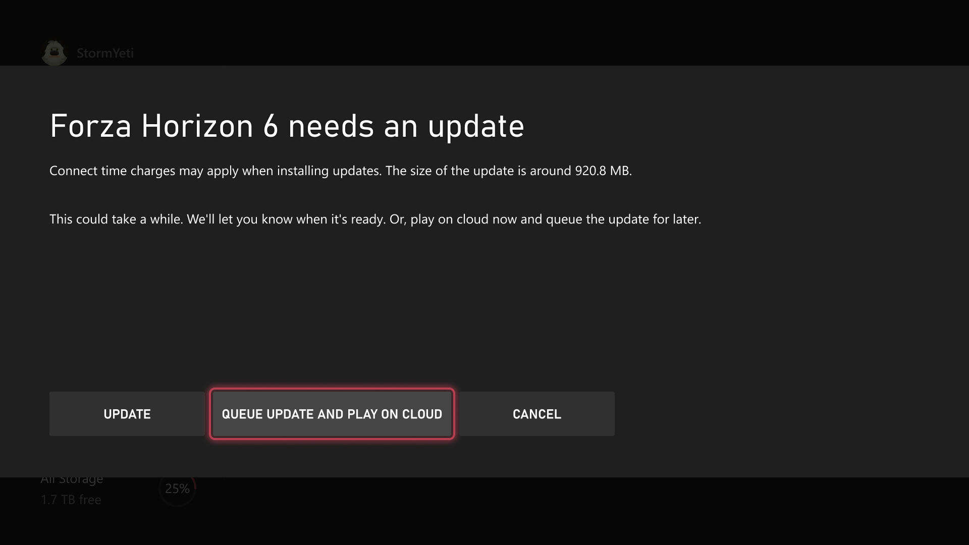 Xbox Game Pass dashboard option to play with cloud gaming while updating