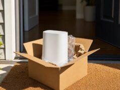 An Xfinity Gateway delivered in a box on a doorstep, illustrating Xfinity Same-Day WiFi