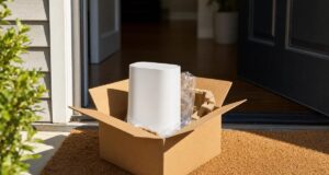 An Xfinity Gateway delivered in a box on a doorstep, illustrating Xfinity Same-Day WiFi