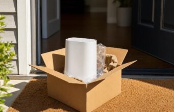 Xfinity Launches Same-Day WiFi for New Customers An Xfinity Gateway delivered in a box on a doorstep, illustrating Xfinity Same-Day WiFi