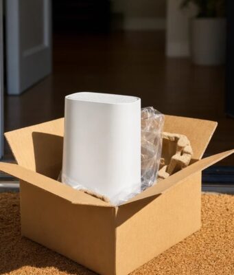 An Xfinity Gateway delivered in a box on a doorstep, illustrating Xfinity Same-Day WiFi