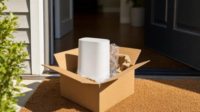 xfinity_official_hero.jpg An Xfinity Gateway delivered in a box on a doorstep, illustrating Xfinity Same-Day WiFi