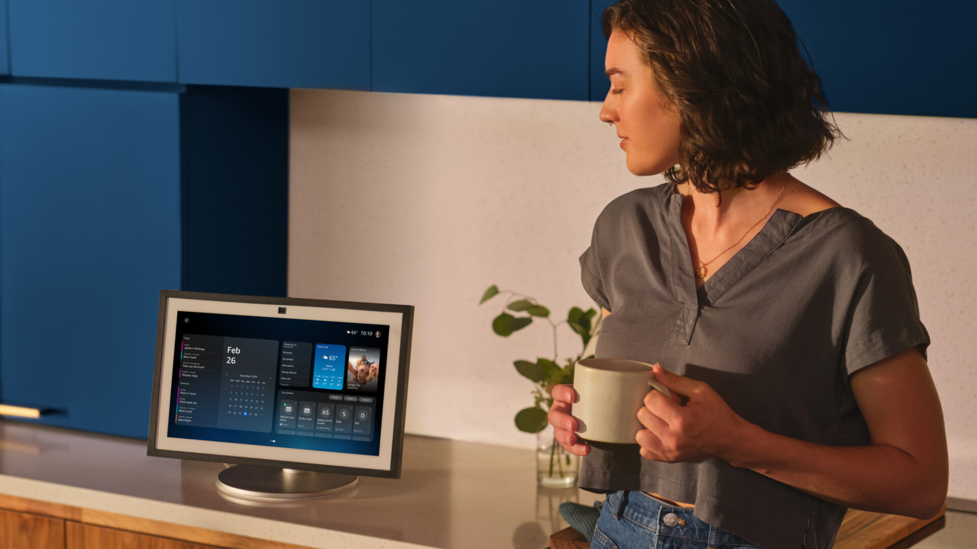 Echo Show home screen showing Alexa+ calendar widget and smart home controls