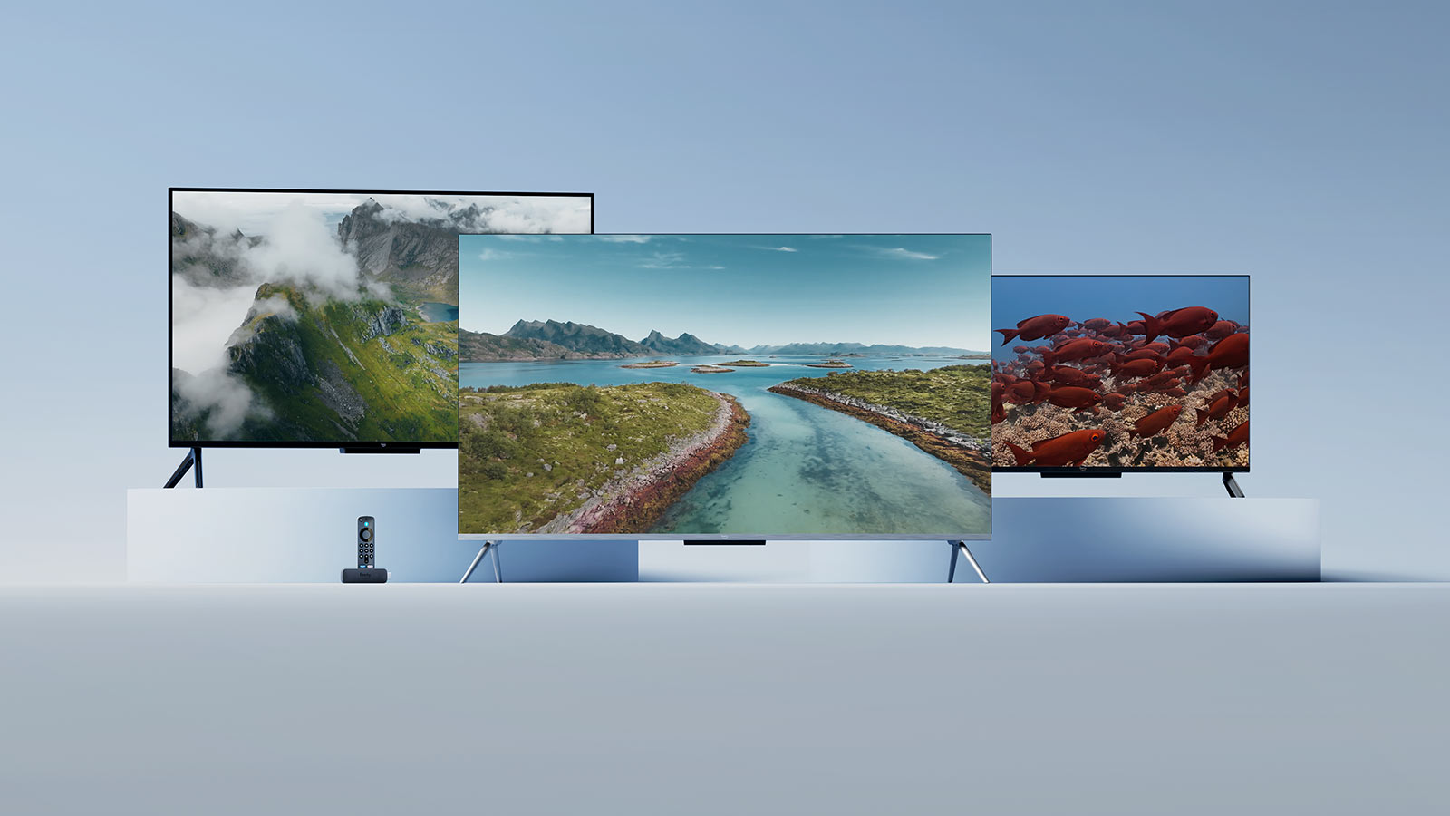 Amazon's Fire TV lineup shown across three television screens