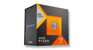 AMD Ryzen 7 7700X3D processor in orange and gray retail packaging