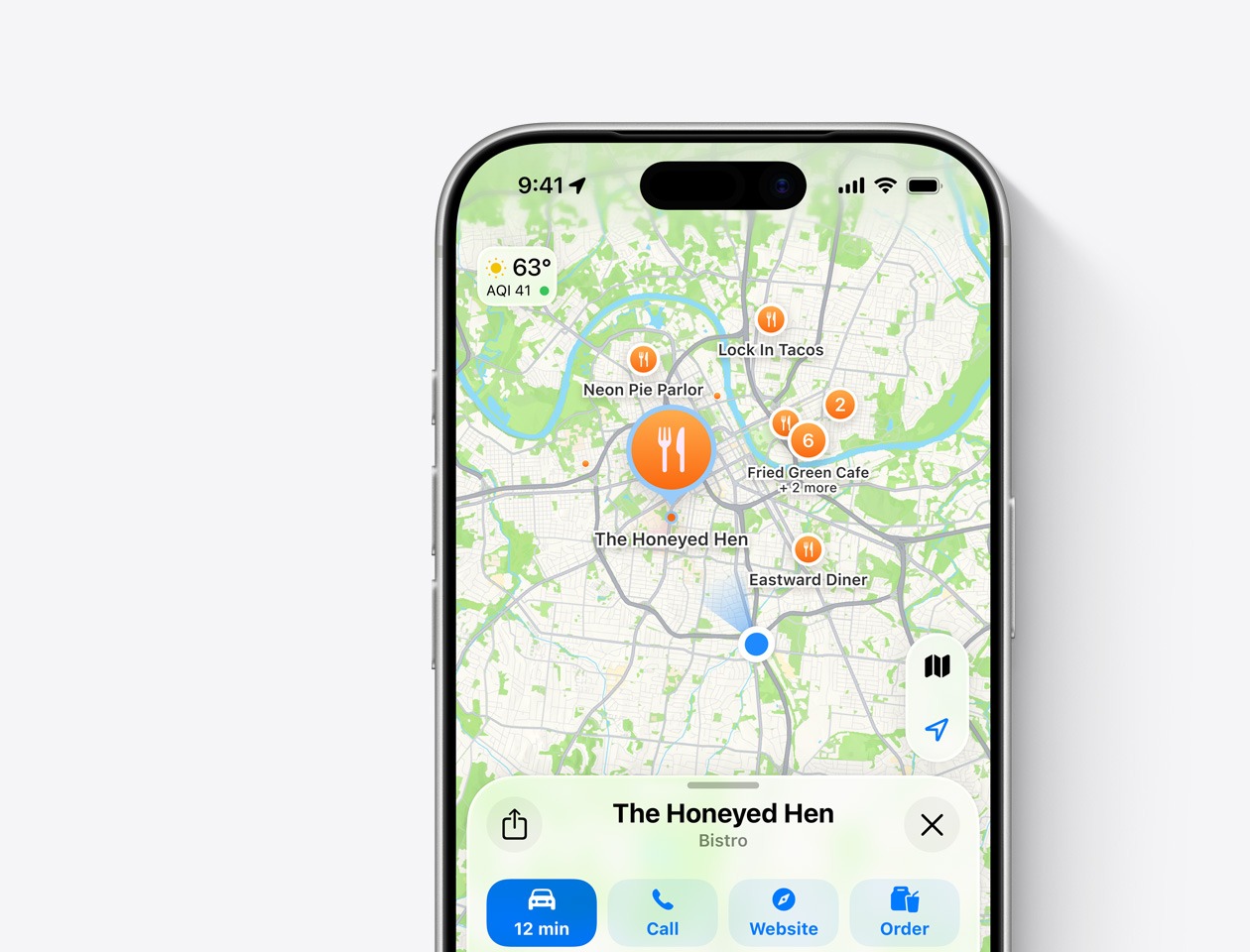 Apple Maps ads product mockup showing restaurant search results on iPhone
