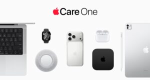 AppleCare One lineup showing a Mac, Apple Watch, iPhone, AirPods Pro, Apple TV and iPad