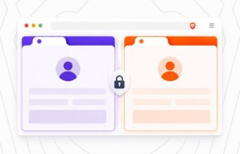 Brave Containers (v1.92): Built-In Multi-Account Browsing Illustration of Brave Containers showing two color-coded browser tabs kept separate by a shield, representing isolated accounts