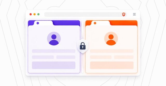 brave-containers-v1-92 Illustration of Brave Containers showing two color-coded browser tabs kept separate by a shield, representing isolated accounts