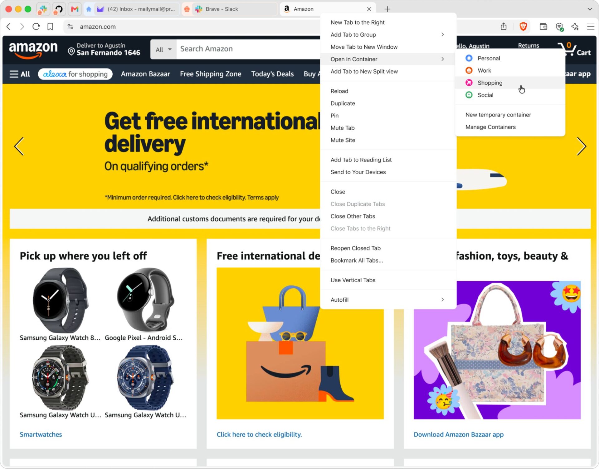 Right-click menu on an Amazon tab with Open in Container expanded, listing Personal, Work, Social, and School options.