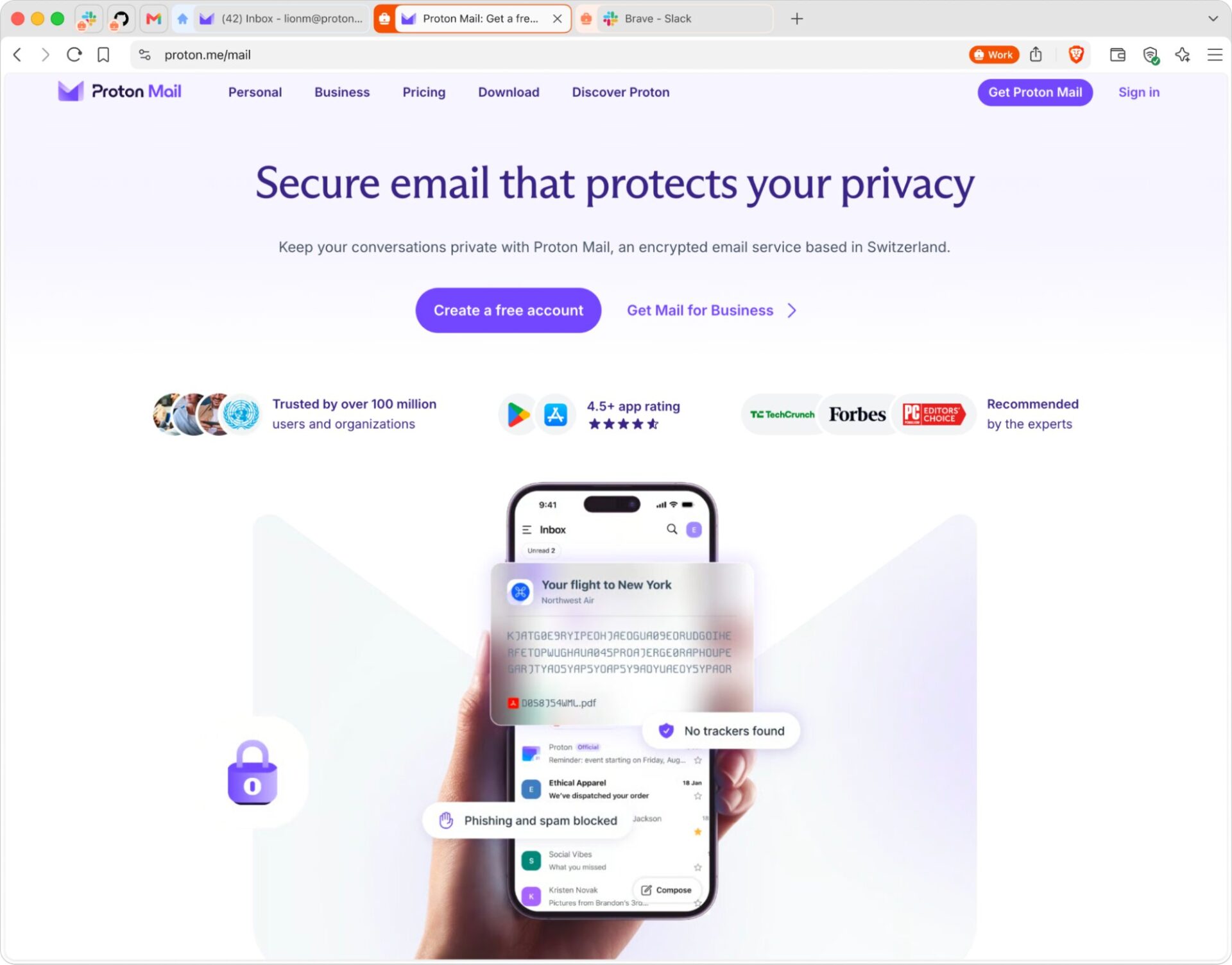 Brave tab bar showing two instances of Proton Mail and a Slack tab in separate Containers, with the active Proton Mail tab in the Work container.
