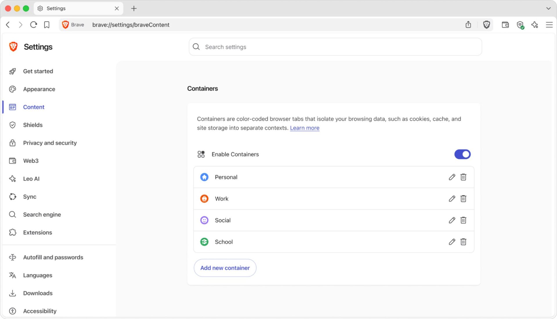 Brave Content settings with Enable Containers turned on, listing default containers Personal, Work, Social, and School.