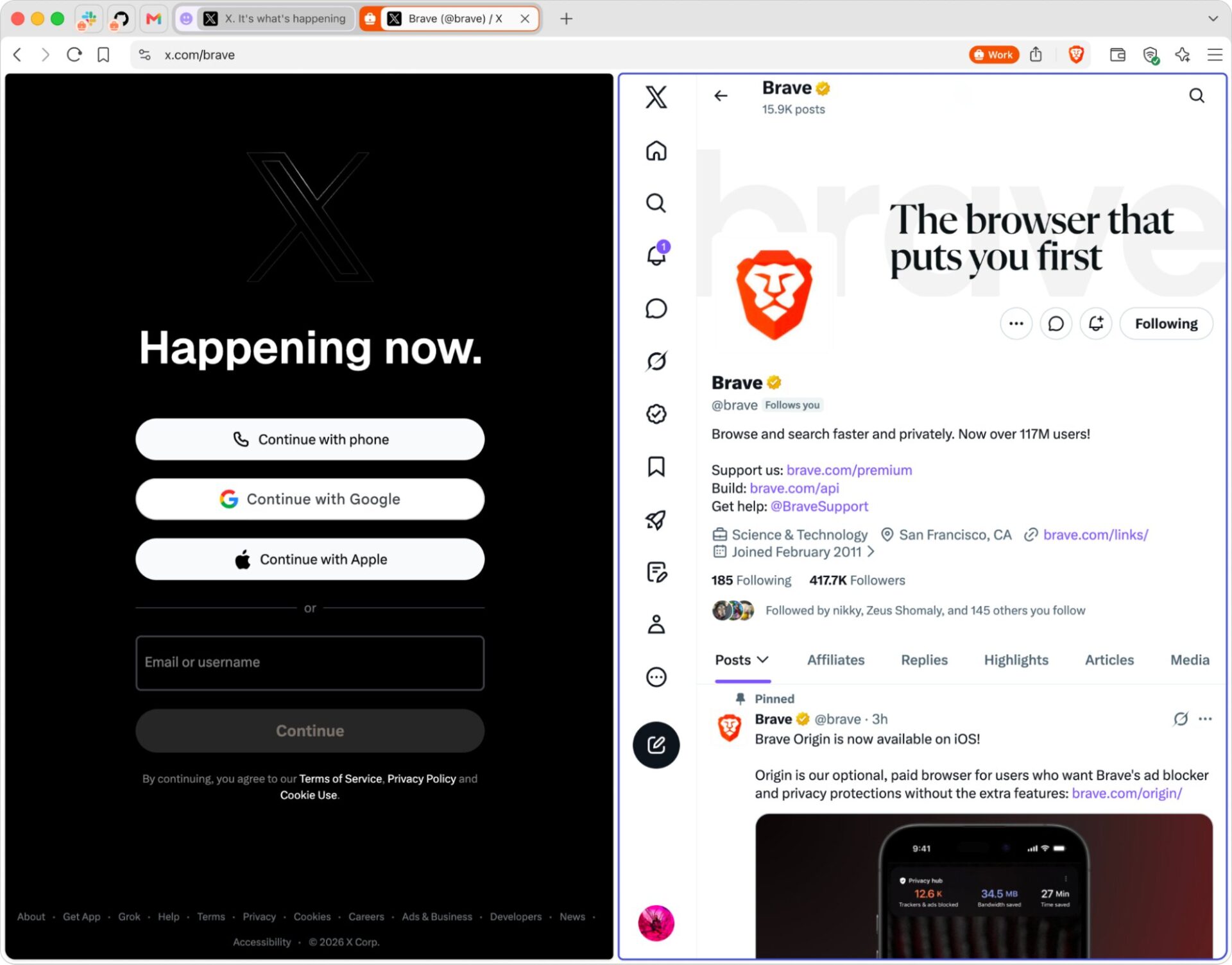 Split browser view of X showing two side-by-side tabs in separate Containers, one signed out and one showing the Brave account.