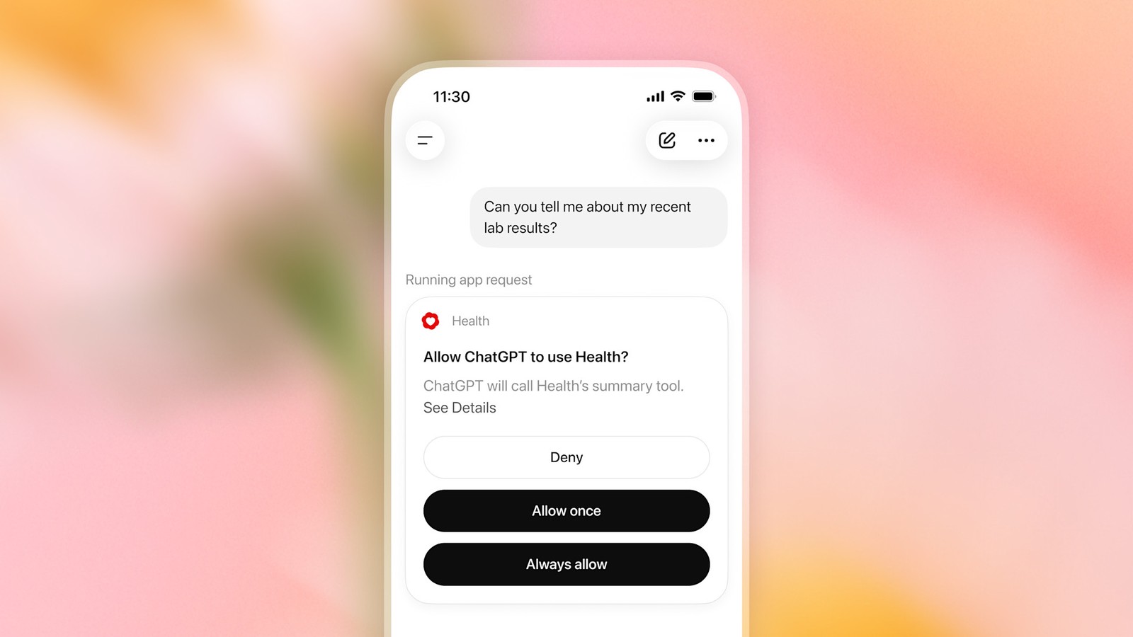 ChatGPT permission prompt asking to use Health app data for a lab-results question