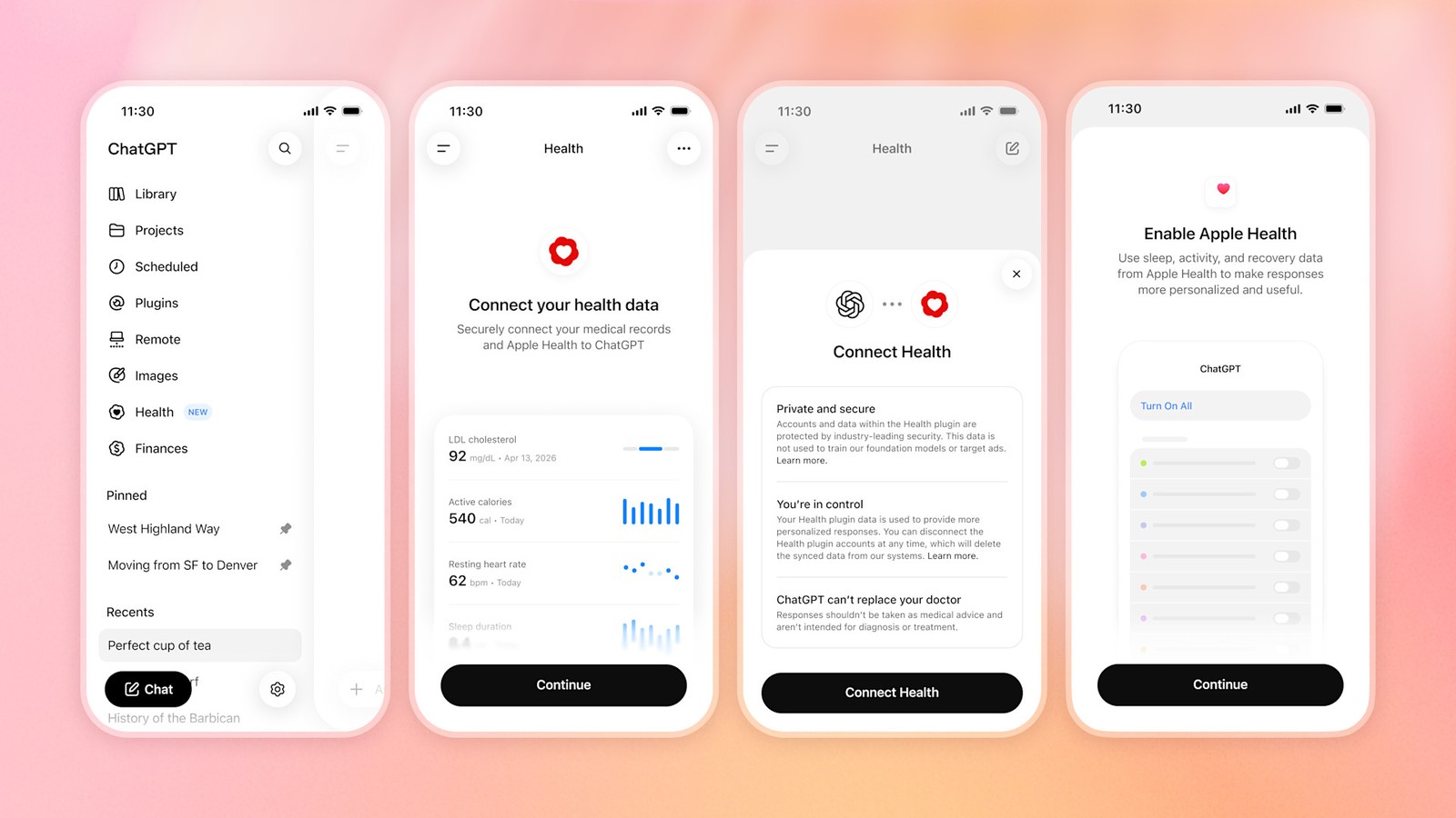 ChatGPT Health setup flow on mobile showing connect and privacy screens