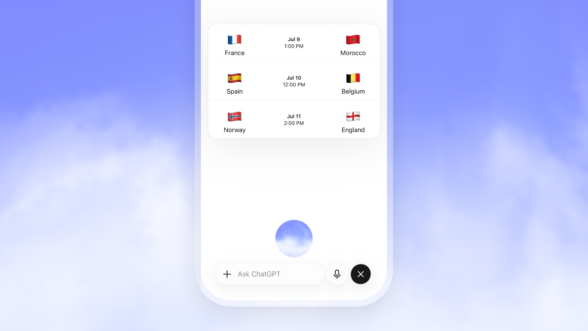 ChatGPT voice mode showing a visual sports scores card during a spoken answer