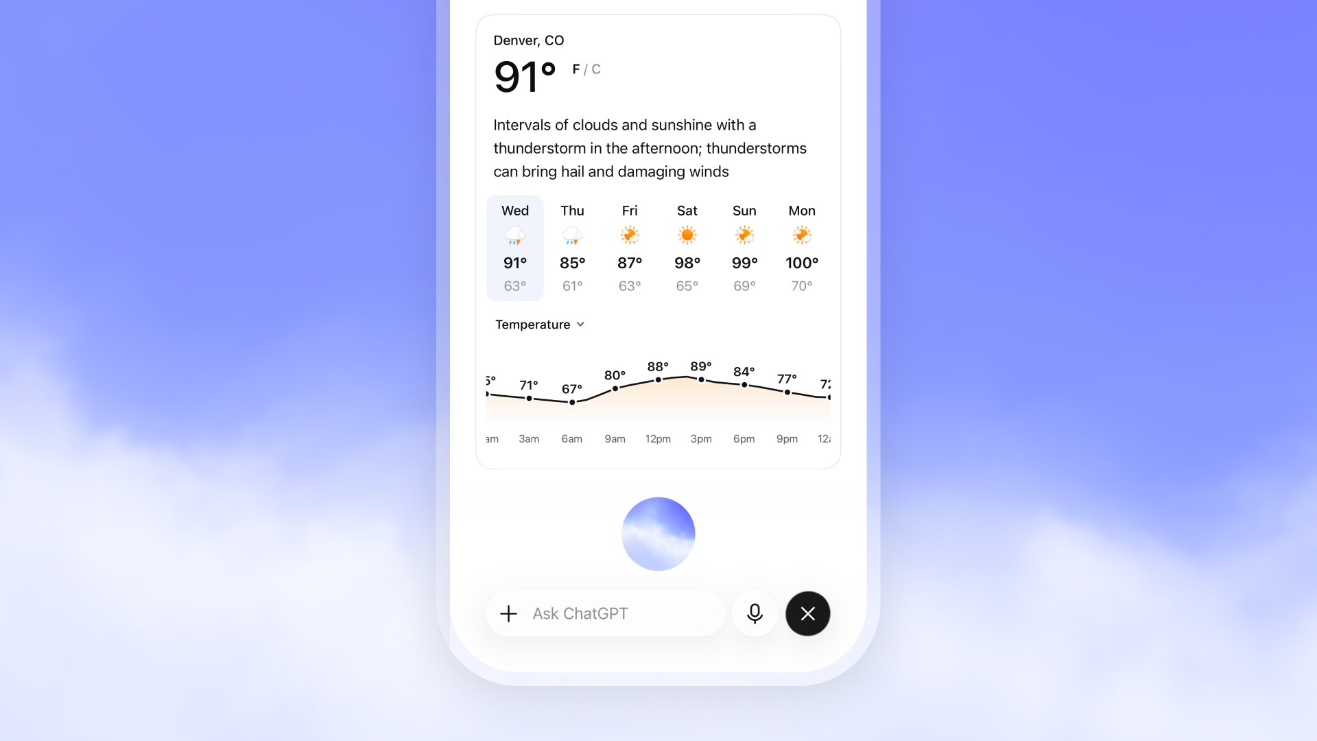 ChatGPT voice mode showing a visual weather card while answering aloud