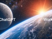 OpenAI's ChatGPT Work hero art showing the ChatGPT and Work wordmarks over Earth and the Moon