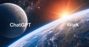 OpenAI's ChatGPT Work hero art showing the ChatGPT and Work wordmarks over Earth and the Moon