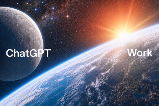 OpenAI's ChatGPT Work hero art showing the ChatGPT and Work wordmarks over Earth and the Moon
